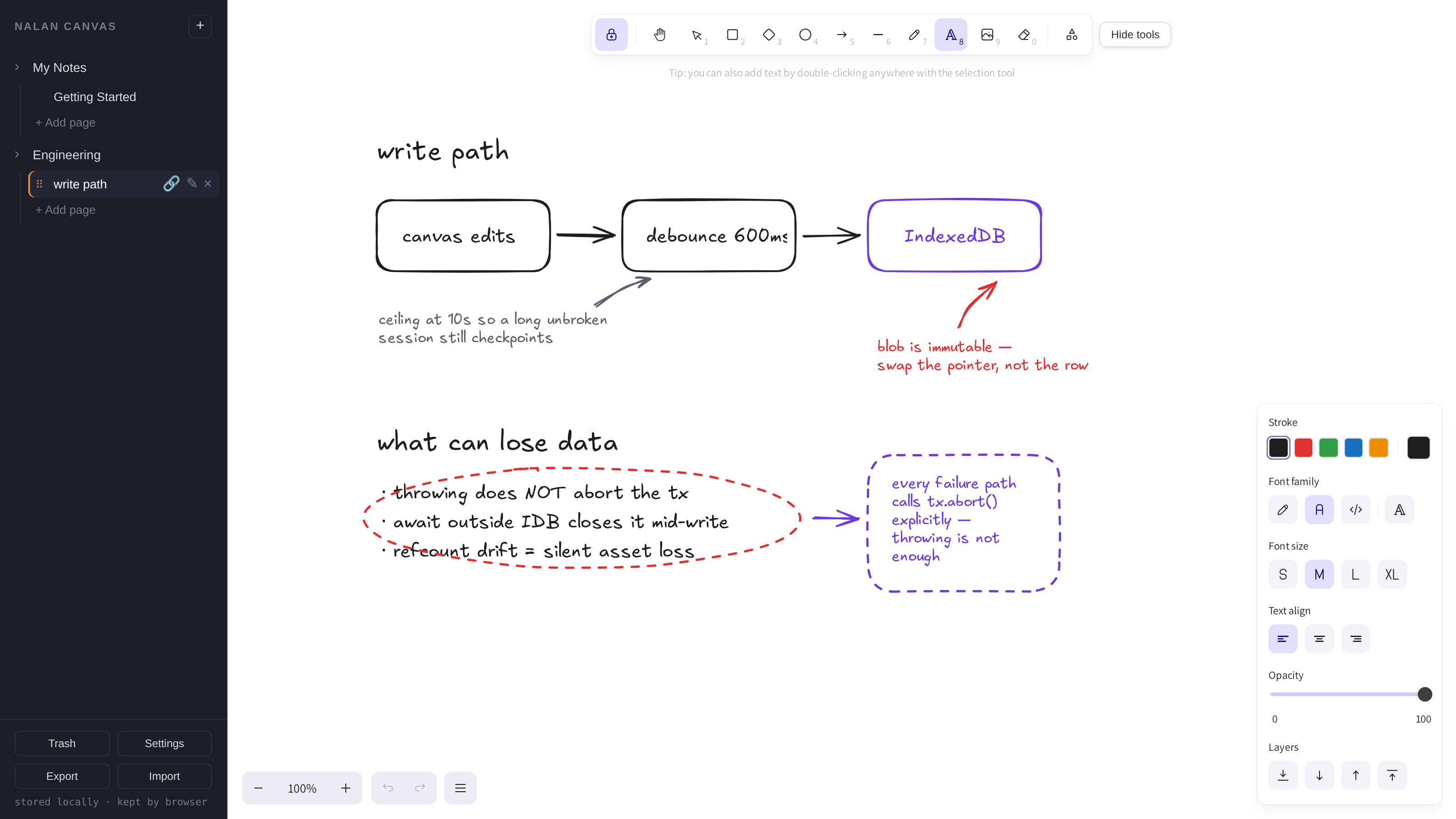 A Nalan Canvas page: a hand-drawn architecture diagram with
                   arrows and handwritten annotations beside typed notes.